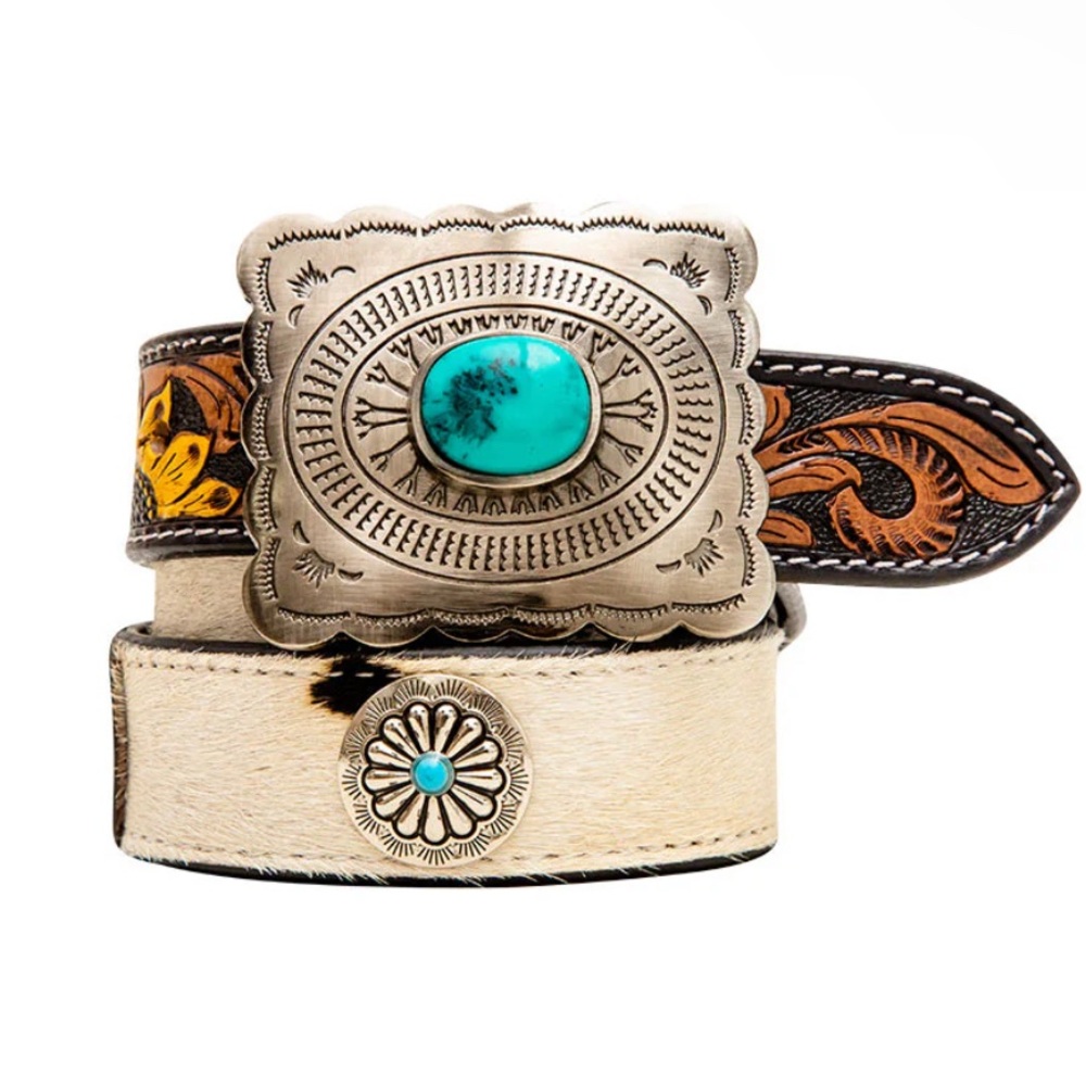 NWT Myra Western Hand Tooled Leather Belt w/ Hair On Hide & Turquoise Accents - Picture 7 of 15